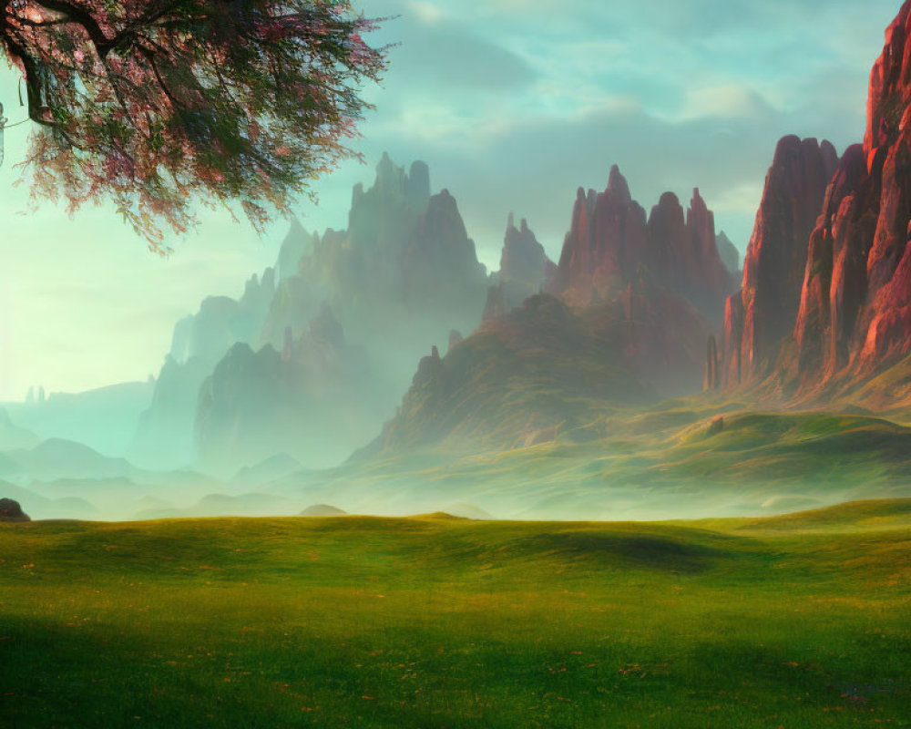 Vibrant green field with pink tree, misty mountains, and red cliffs under warm sky