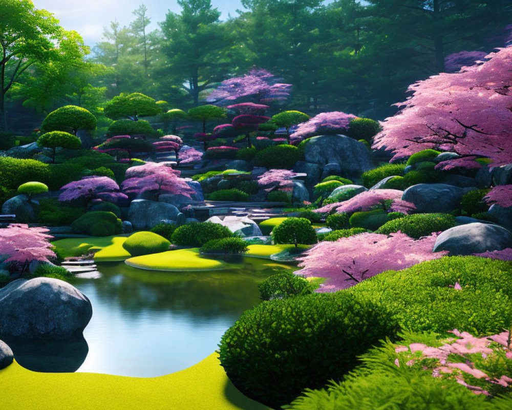 Tranquil Japanese Garden with Pink Cherry Blossoms and Stream