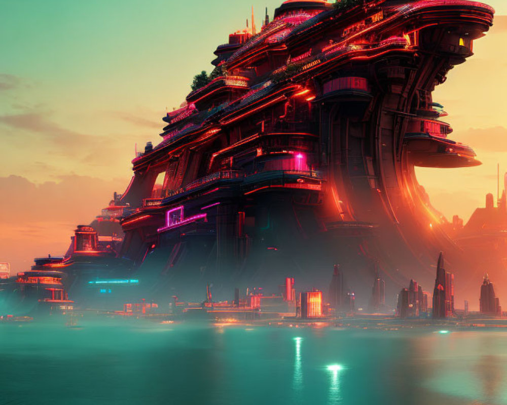 Futuristic cityscape with layered architecture in orange and teal hues