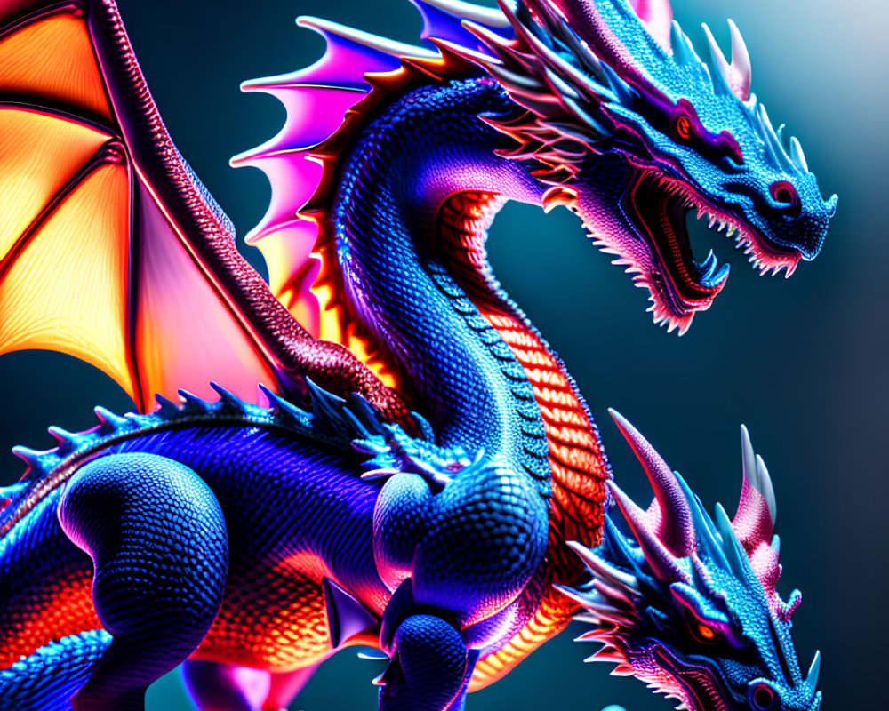 Colorful Multi-Headed Dragon Illustration with Glowing Wings