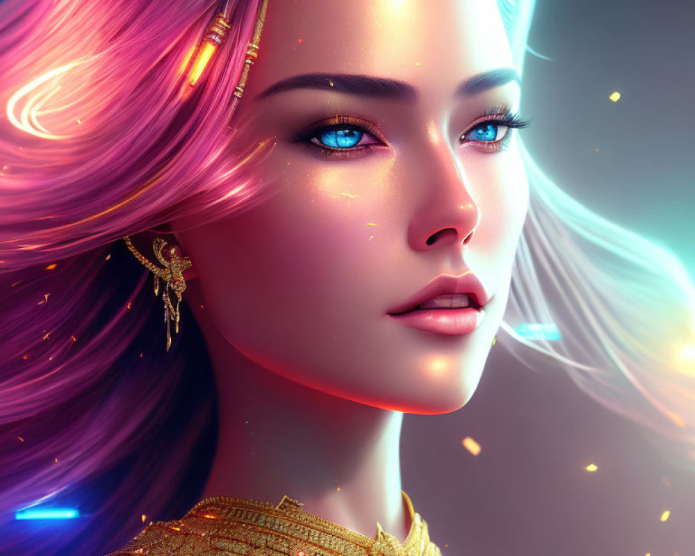 Digital artwork: Woman with radiant skin, blue eyes, pink hair, golden jewelry, colorful lights