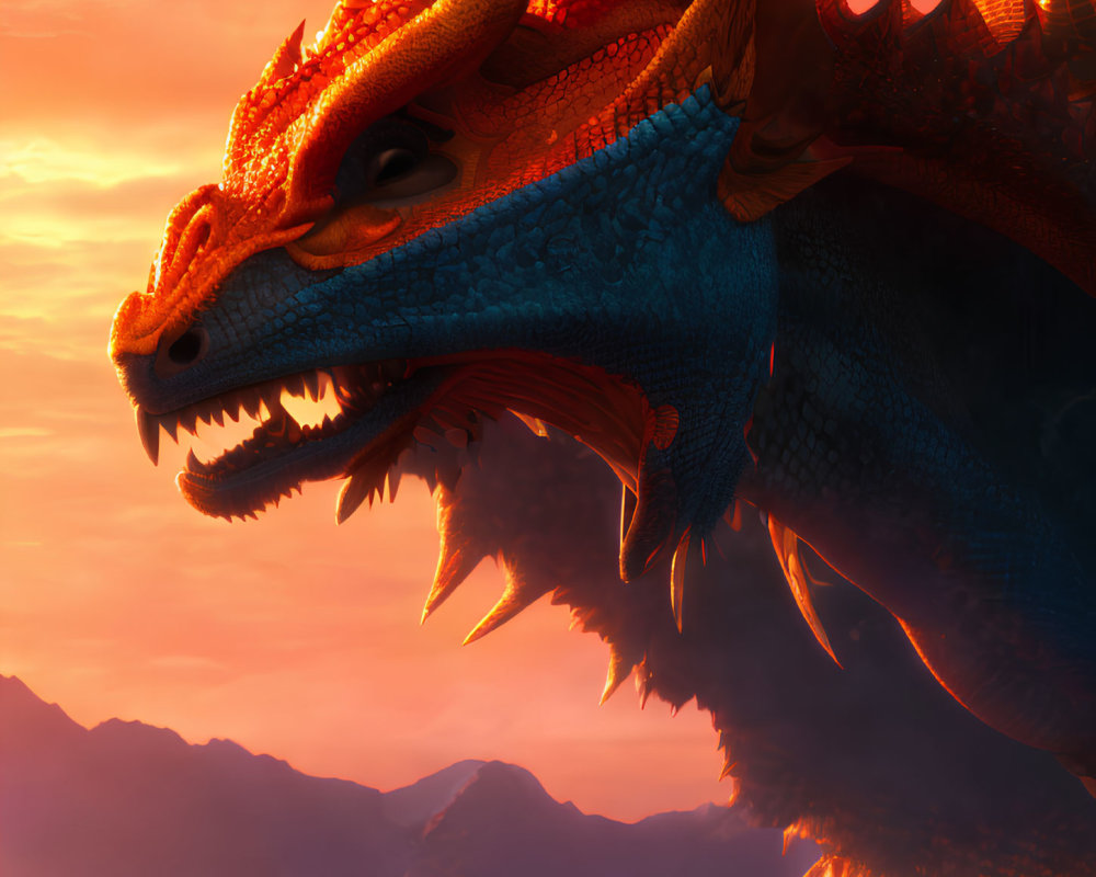 Blue dragon with orange spikes and horns against red-orange sky and mountains.