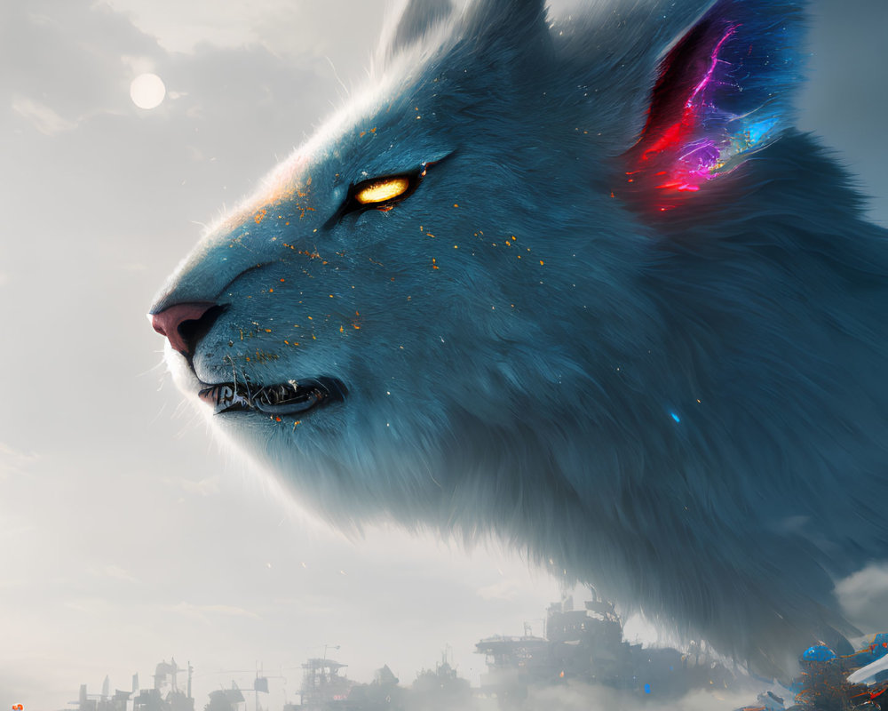 Blue wolf with golden flecks and multicolored ears in misty industrial landscape