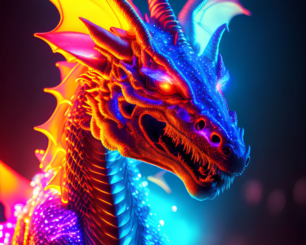 Blue dragon with orange accents, glowing eyes, intricate scales on dark bokeh-lit background