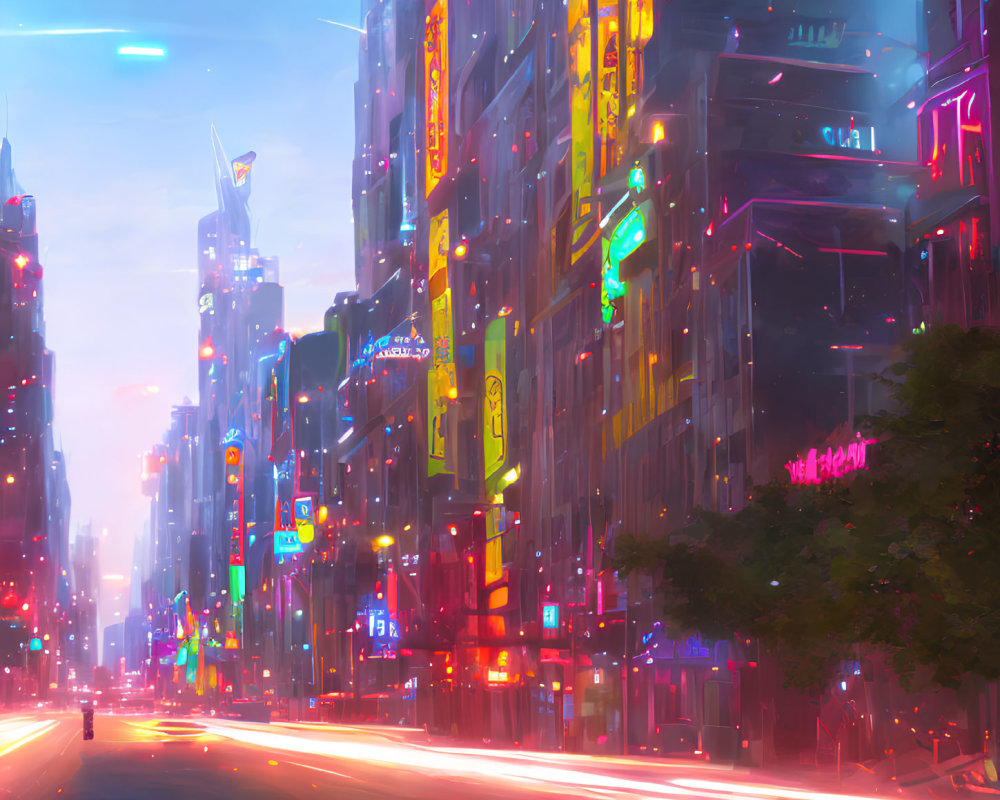 Vibrant cyberpunk cityscape with neon signs and skyscrapers