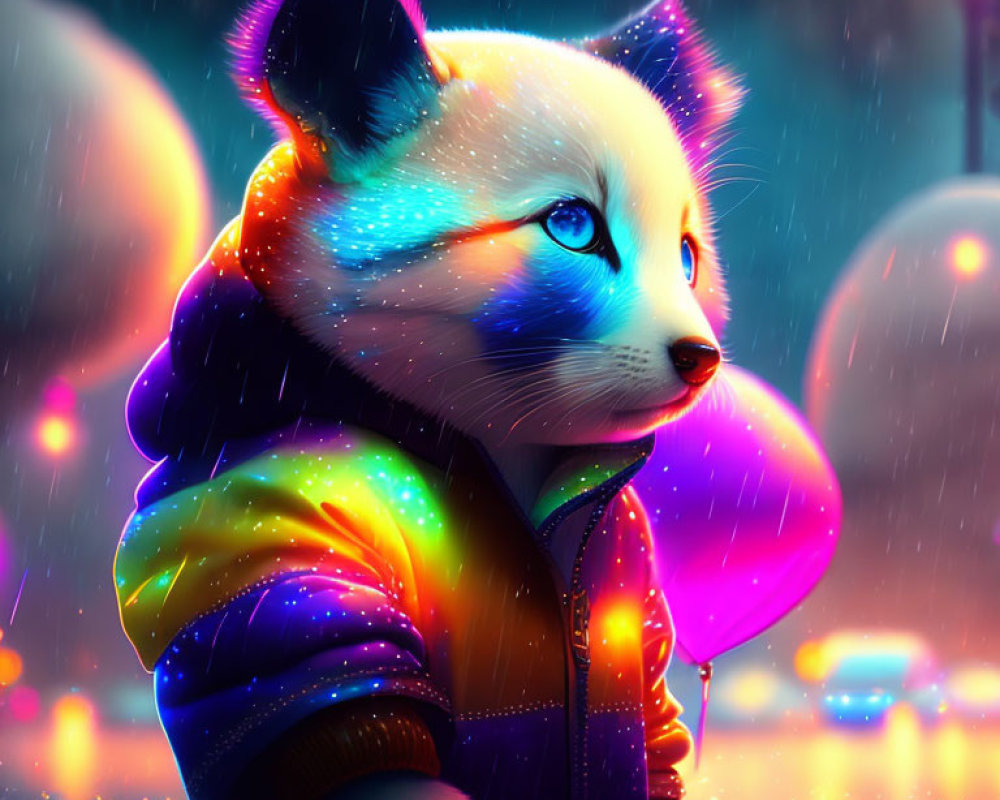 Colorful anthropomorphic panda in rainbow jacket with purple balloon in neon-lit scene