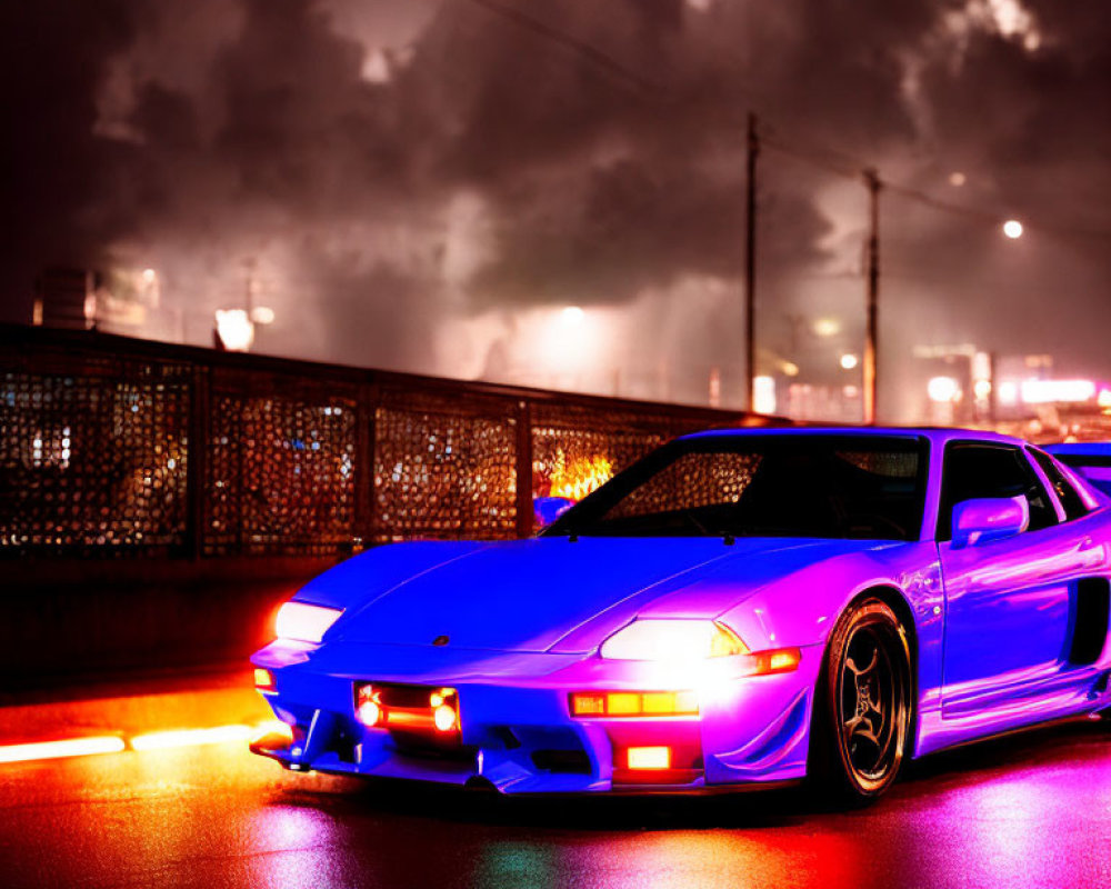 Vibrant blue sports car on wet street with neon lights and stormy sky