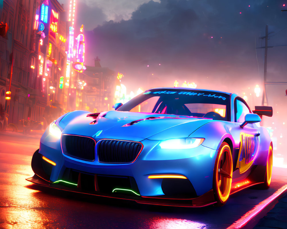 Bright Blue Sports Car with Neon Underglow Lights in City Street Scene