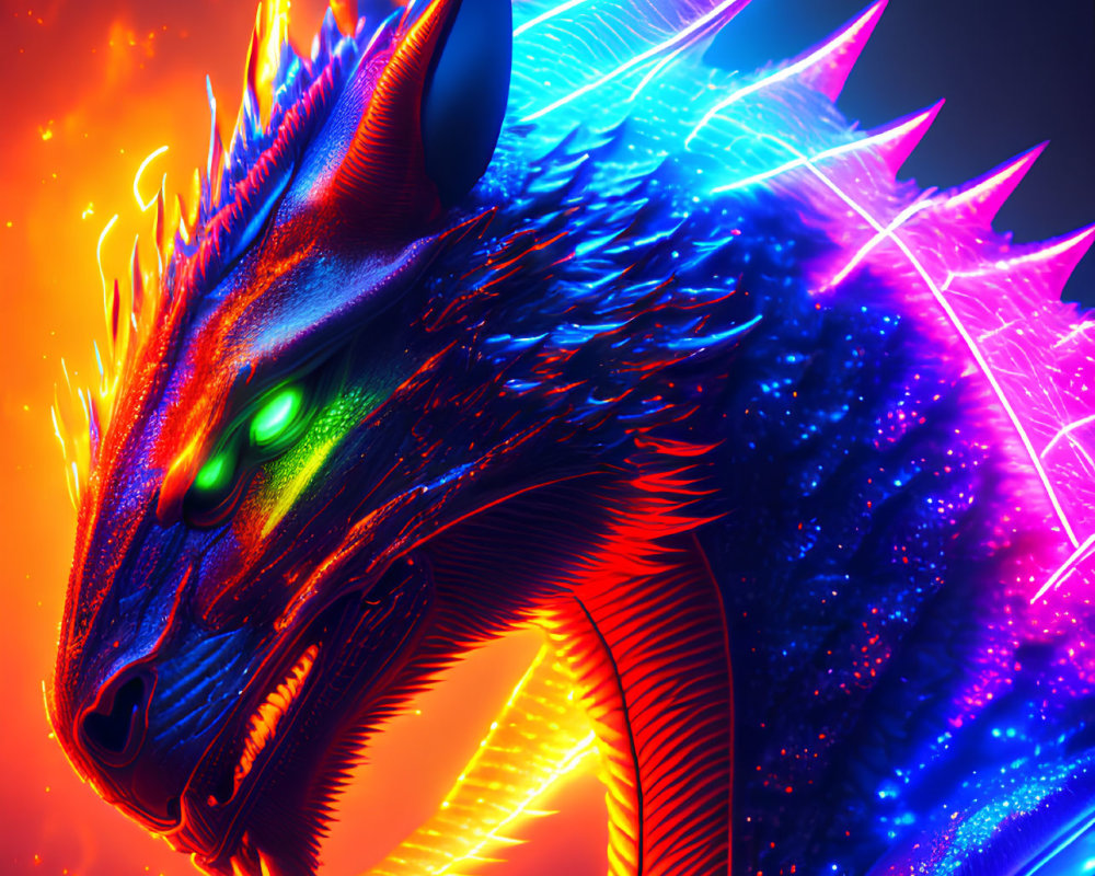 Glowing neon-colored dragon with fierce green eyes and fiery aura