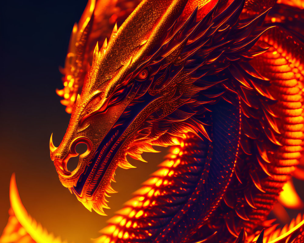 Detailed image of glowing red and orange dragon on dark, fiery background