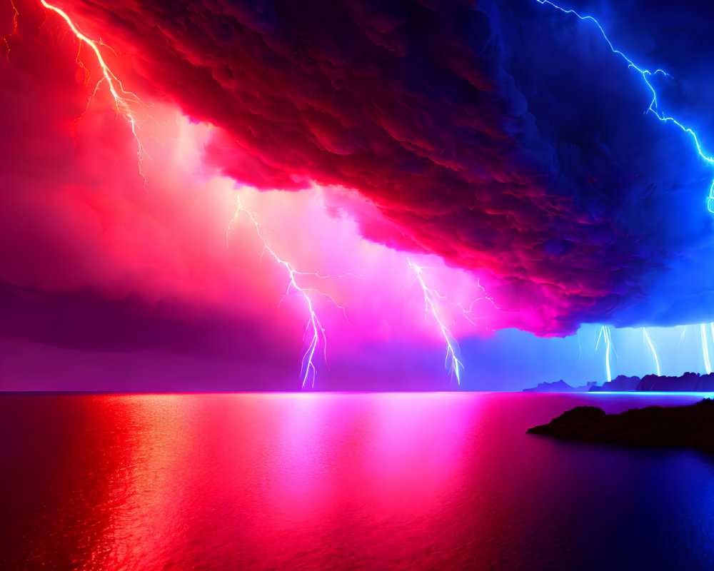 Intense lightning storm over neon red and blue sea