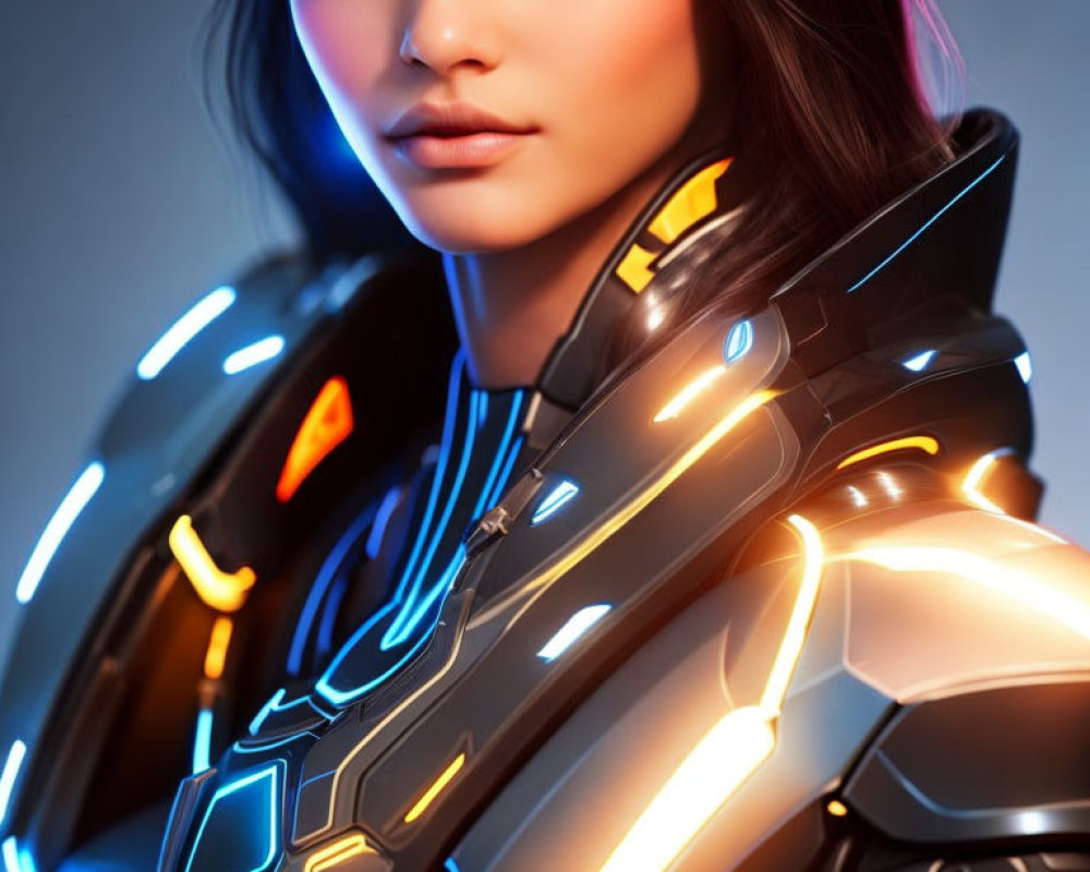 Futuristic armor portrait of woman with glowing lights on blue backdrop