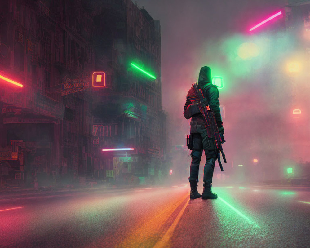 Hooded figure in neon-lit street with dystopian buildings