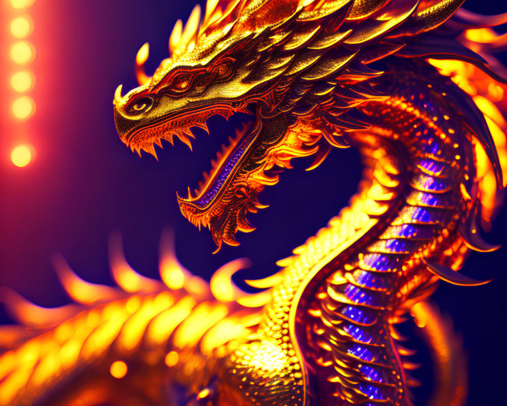 Detailed Golden Dragon Illustration with Dynamic Lighting on Dark Background