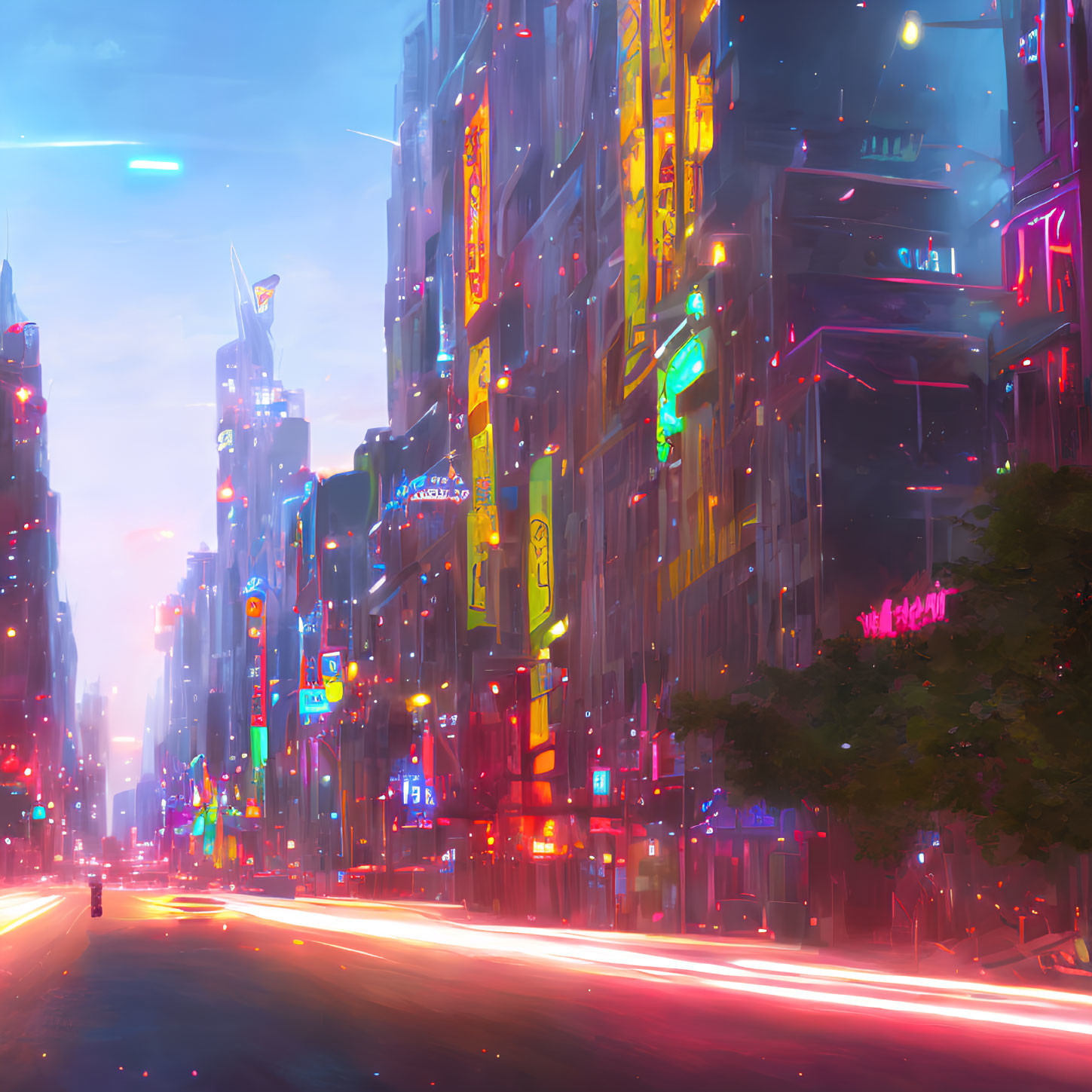 Vibrant cyberpunk cityscape with neon signs and skyscrapers