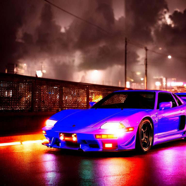 Vibrant blue sports car on wet street with neon lights and stormy sky