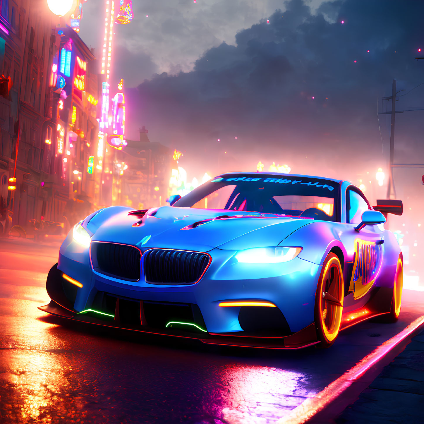 Bright Blue Sports Car with Neon Underglow Lights in City Street Scene