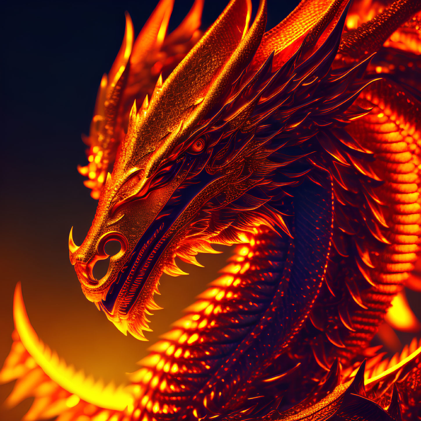 Detailed image of glowing red and orange dragon on dark, fiery background