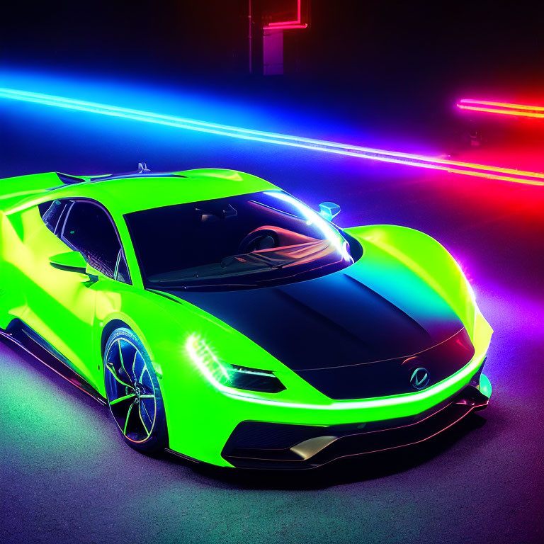 Neon Green Sports Car with Vibrant Light Trails