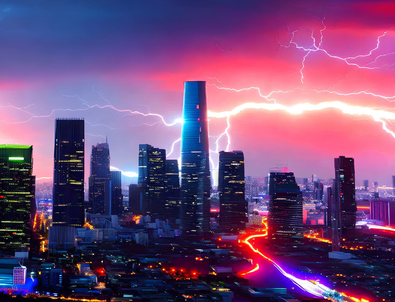 Night cityscape with vibrant skyscrapers and dramatic lightning under purple sky