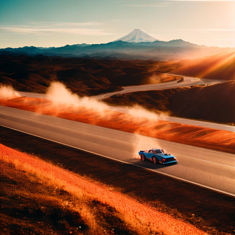 Blue Sports Car Racing on Winding Road Amidst Mountain Scenery