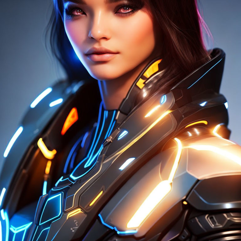 Futuristic armor portrait of woman with glowing lights on blue backdrop