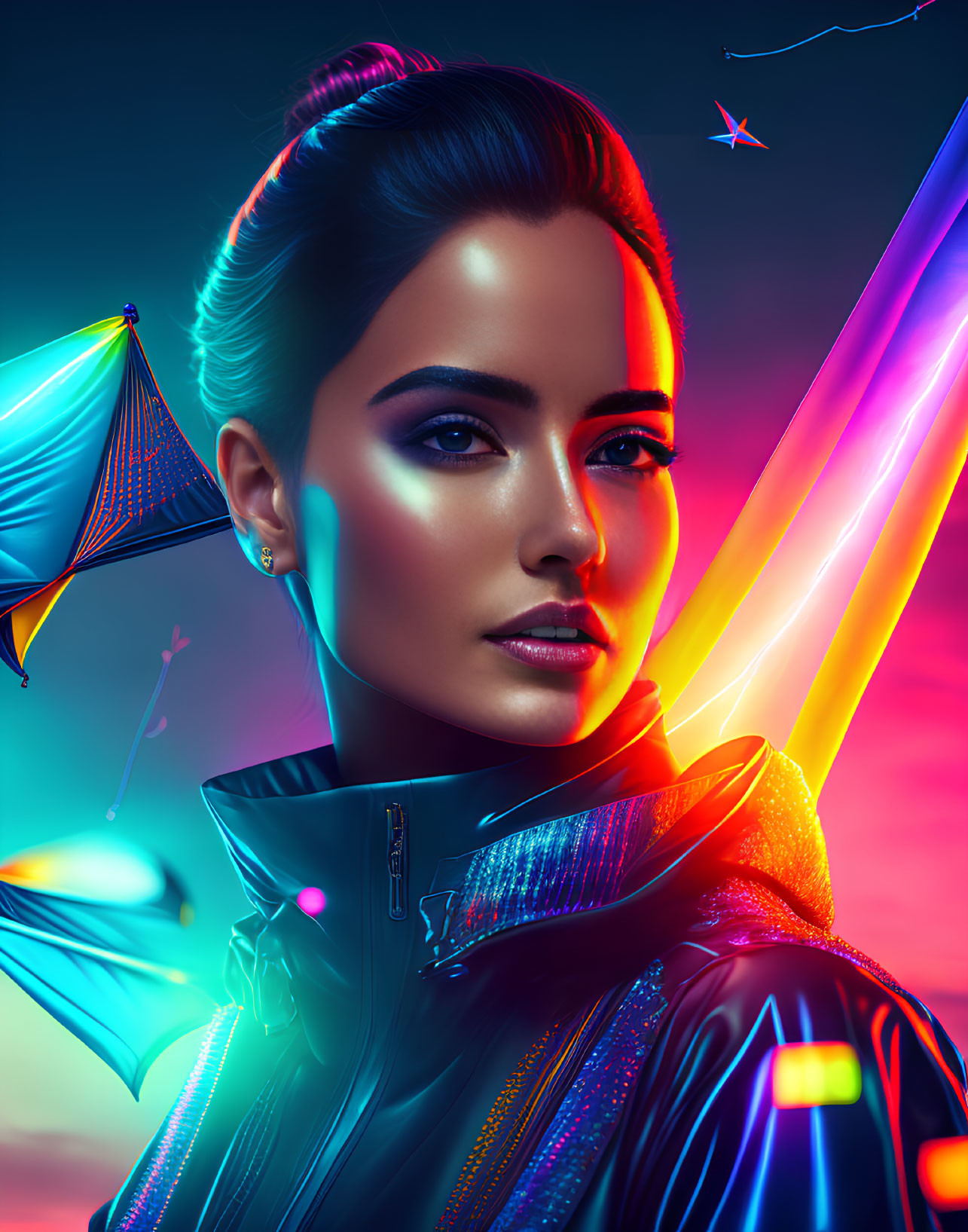 Futuristic woman in neon-lit setting with dark background and stylized kites