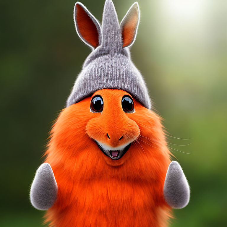 Animated orange creature with expressive eyes and rabbit ear-like hat on green background