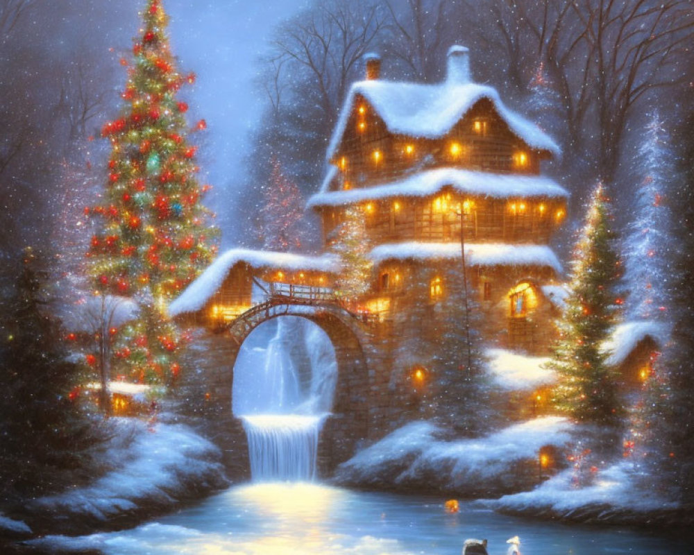 Cozy Cottage with Christmas Decorations, Waterfall, Snowfall