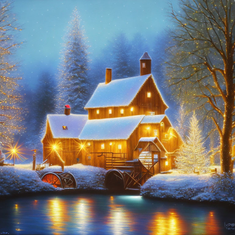 Winter scene: Cottage with glowing windows near waterwheel under starry sky