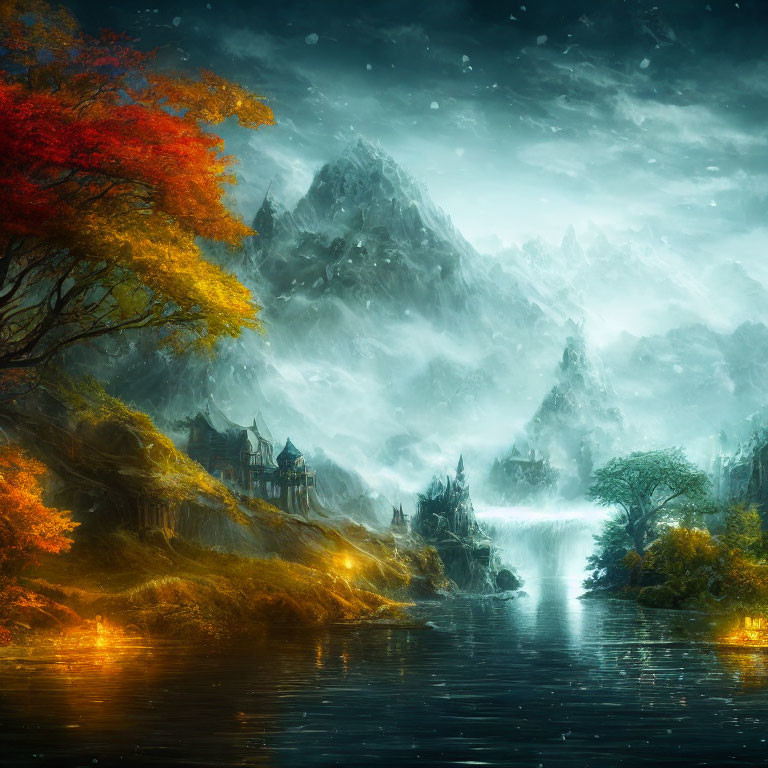 Fantasy landscape with autumn tree, castle, mountains, glowing river, and twilight sky