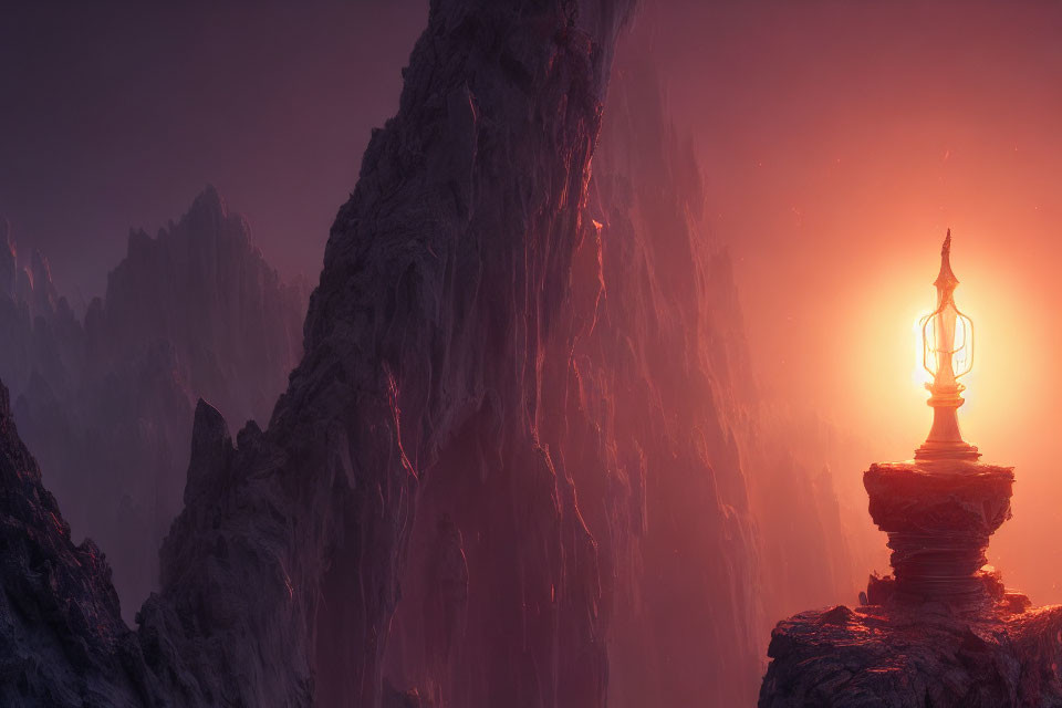 Ornate pedestal with glowing lantern on rocky cliff in mystical setting