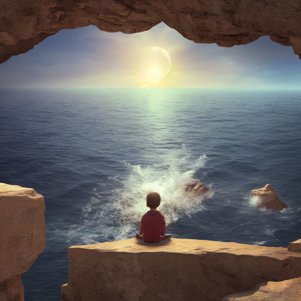 Person in red overlooking serene ocean from cave opening