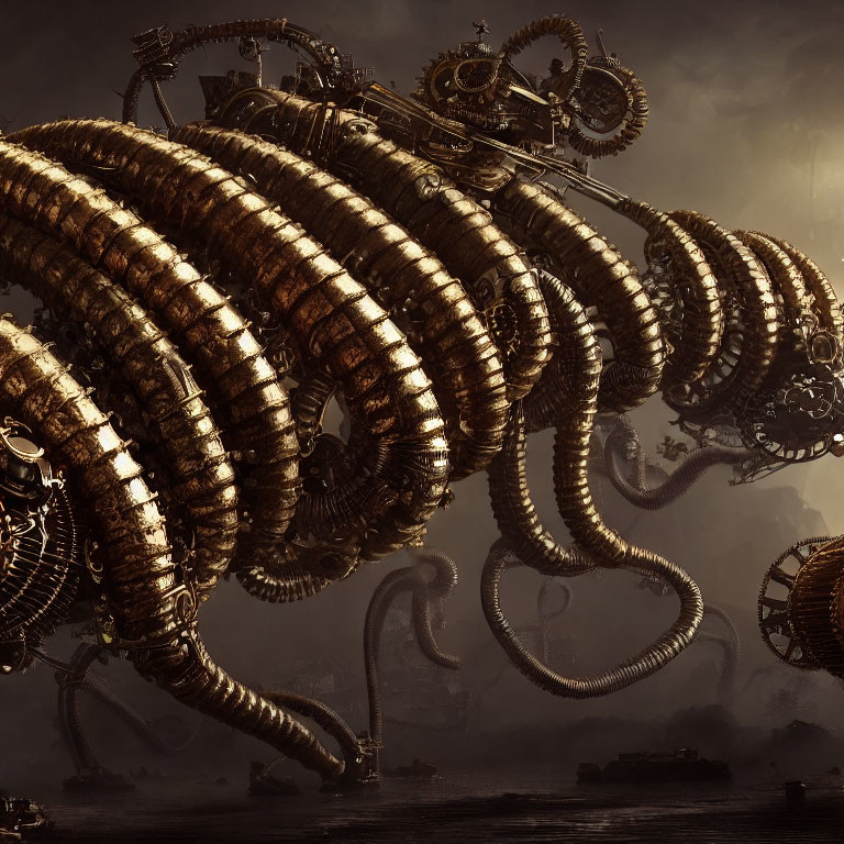 Intricate gear-filled mechanical tentacles dominate industrial scene