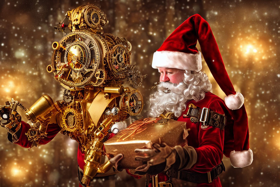 Santa Claus in Red Costume with Golden Mechanical Reindeer and Gift on Starry Background