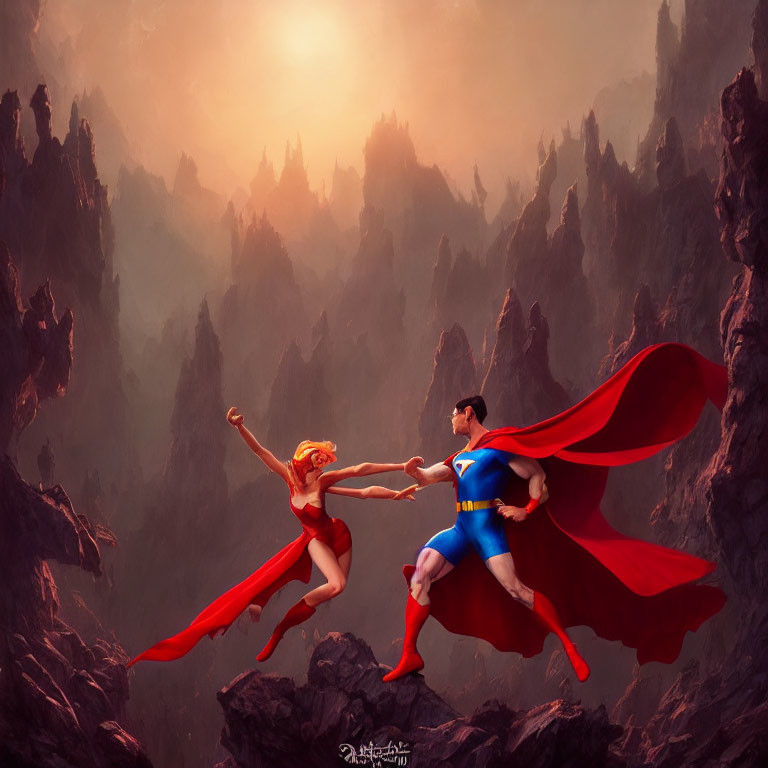 Animated superheroes with capes flying over mountain landscape under sun