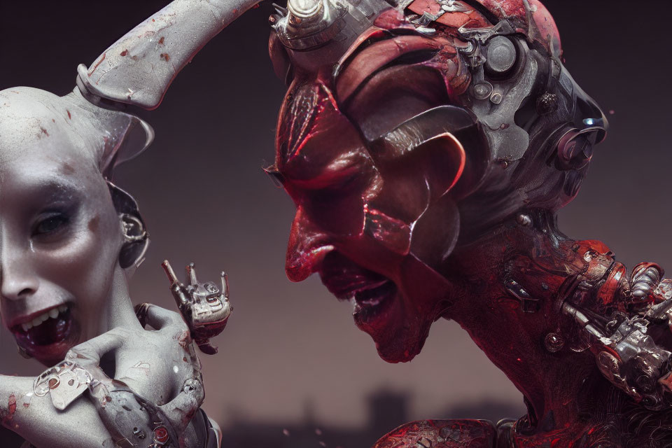 Close-up of two futuristic robotic figures with white and red faces, intricate textures.