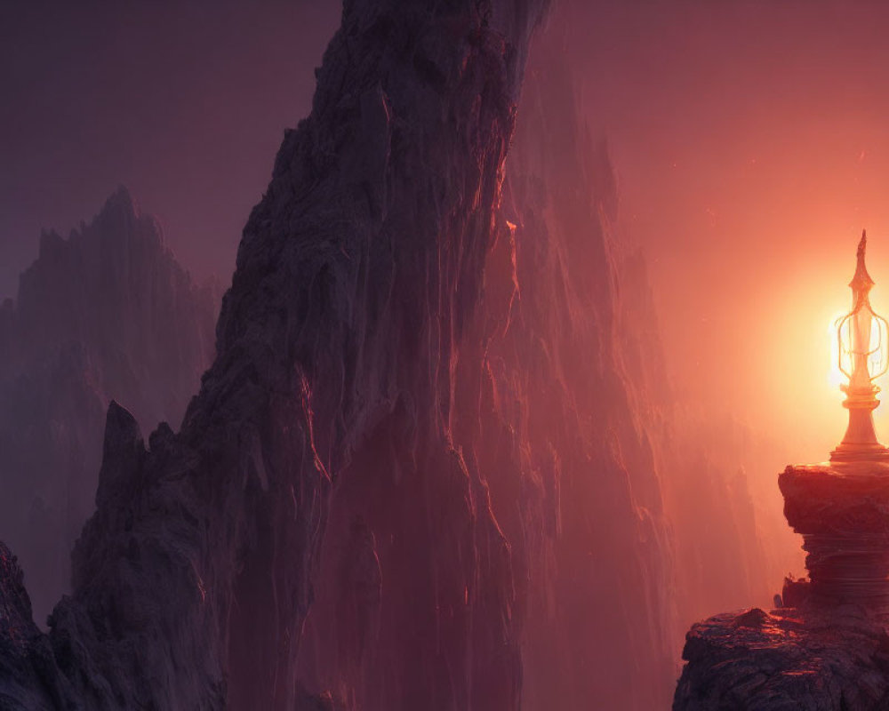 Ornate pedestal with glowing lantern on rocky cliff in mystical setting