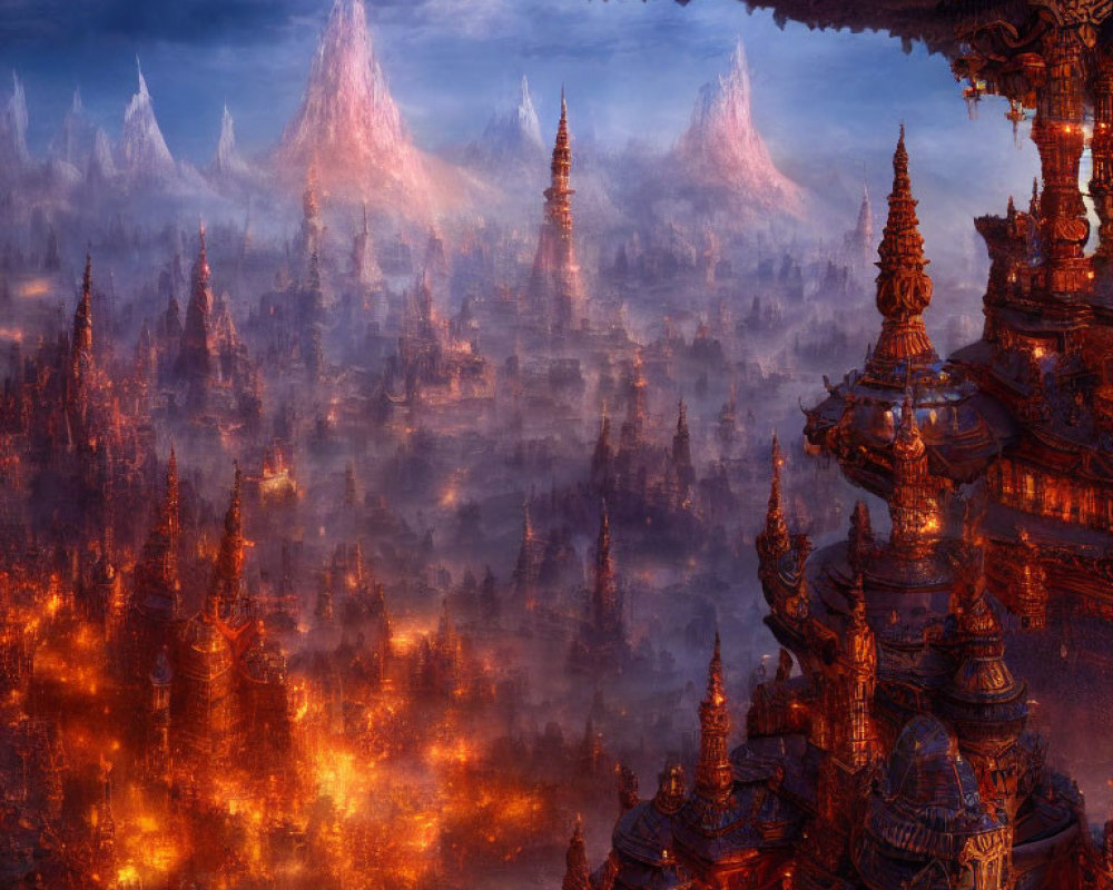 Fantastical landscape with glowing orange lights and towering spires at twilight