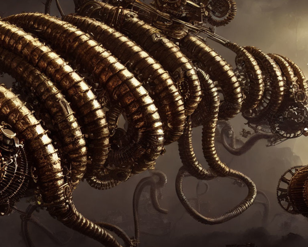 Intricate gear-filled mechanical tentacles dominate industrial scene