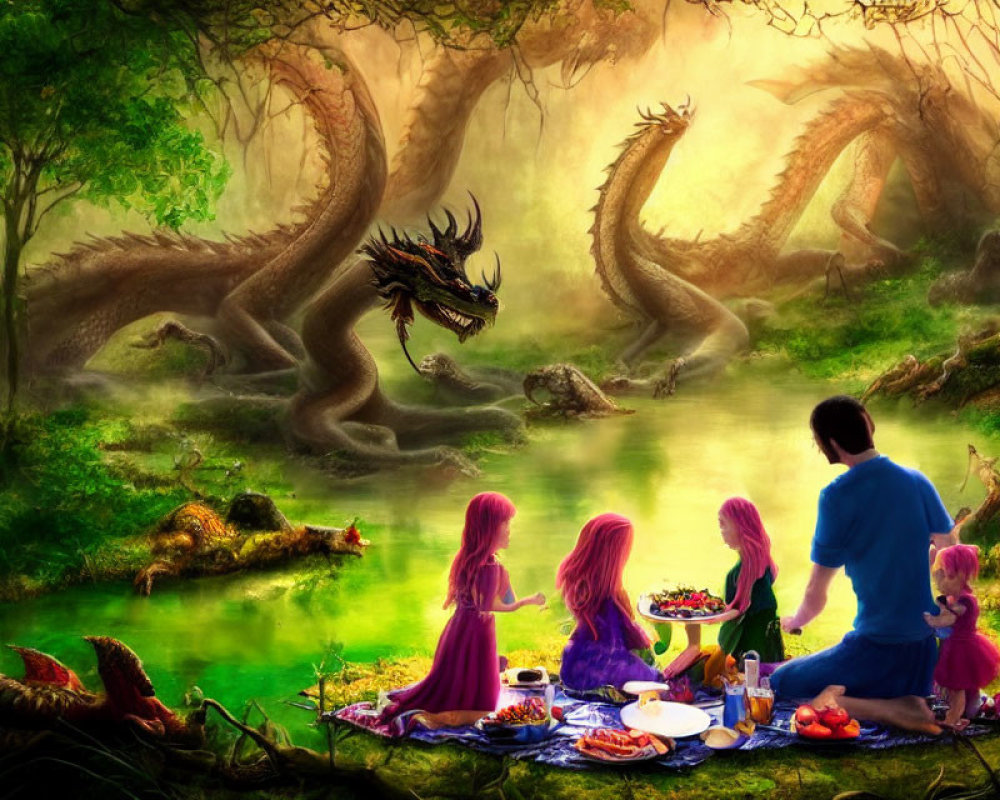 Family picnic in fantasy forest with three dragons and glowing trees