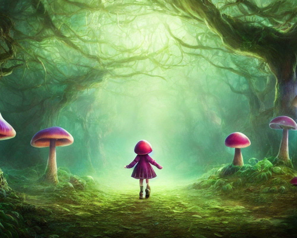 Child in Red Hat Explores Enchanting Forest with Mushrooms and Twisted Trees