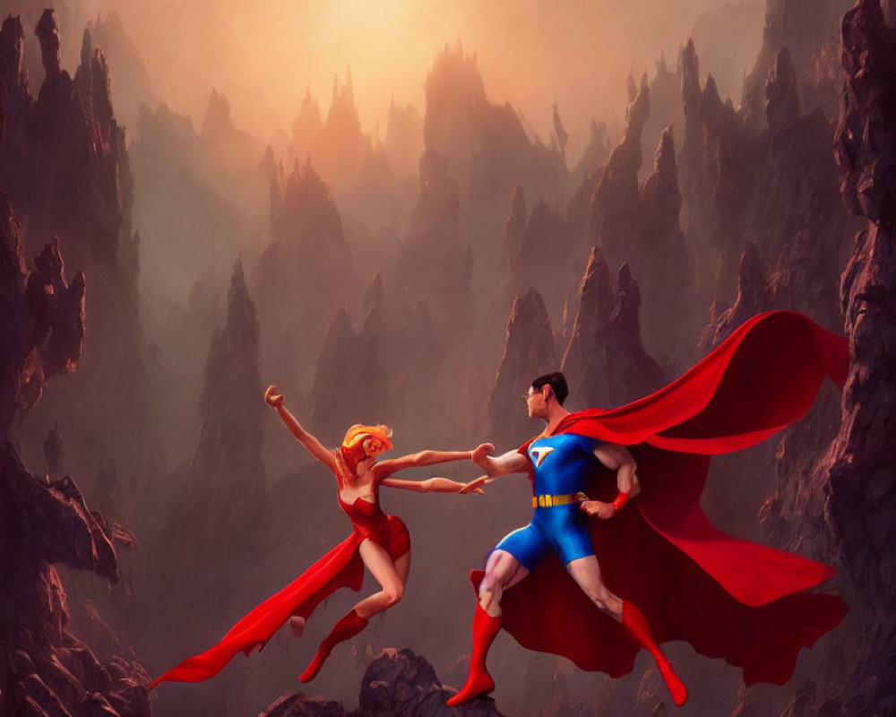 Animated superheroes with capes flying over mountain landscape under sun