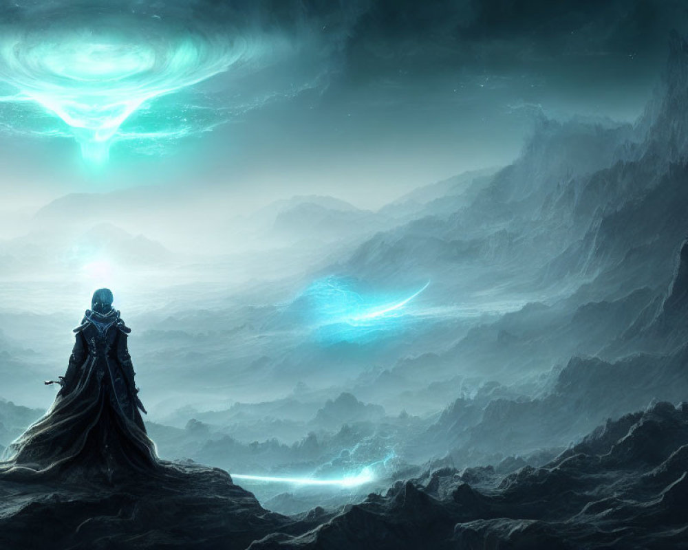 Cloaked figure on rocky terrain gazes at surreal landscape with glowing lights.