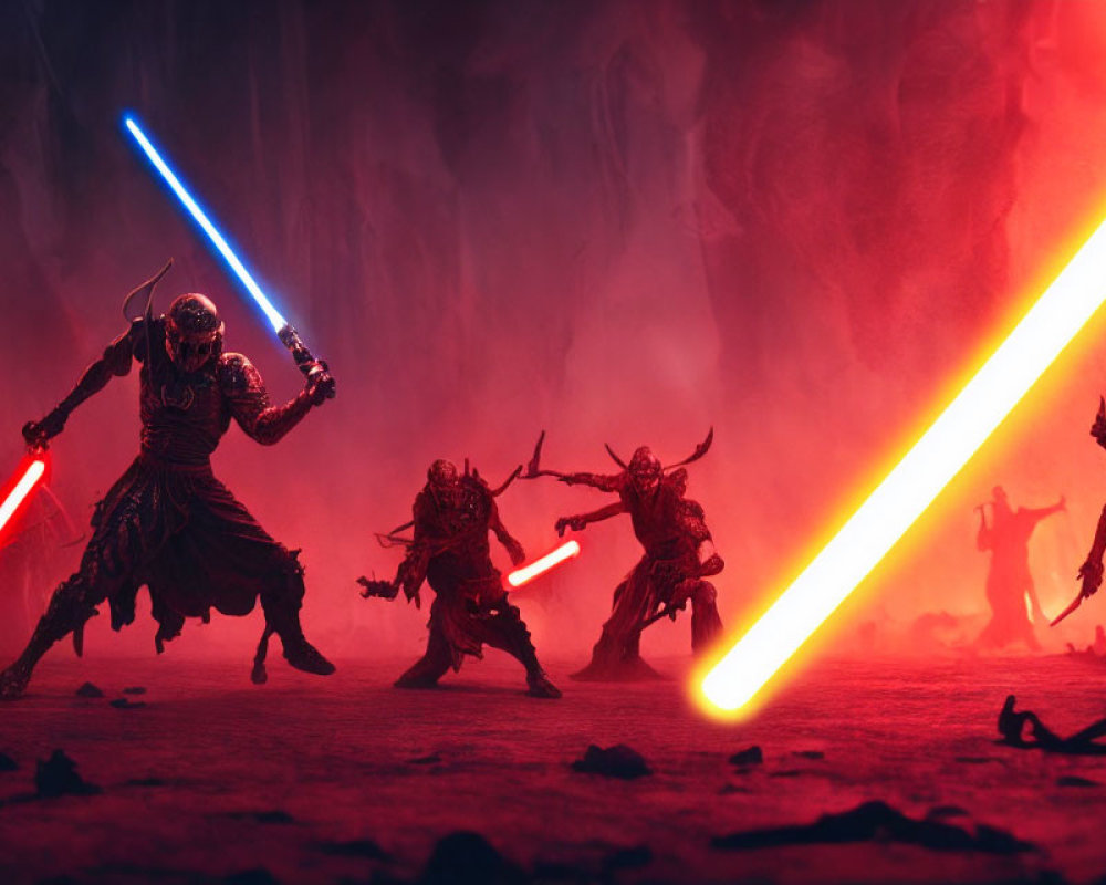 Four Figures in Lightsaber Confrontation Amid Misty Red Backdrop