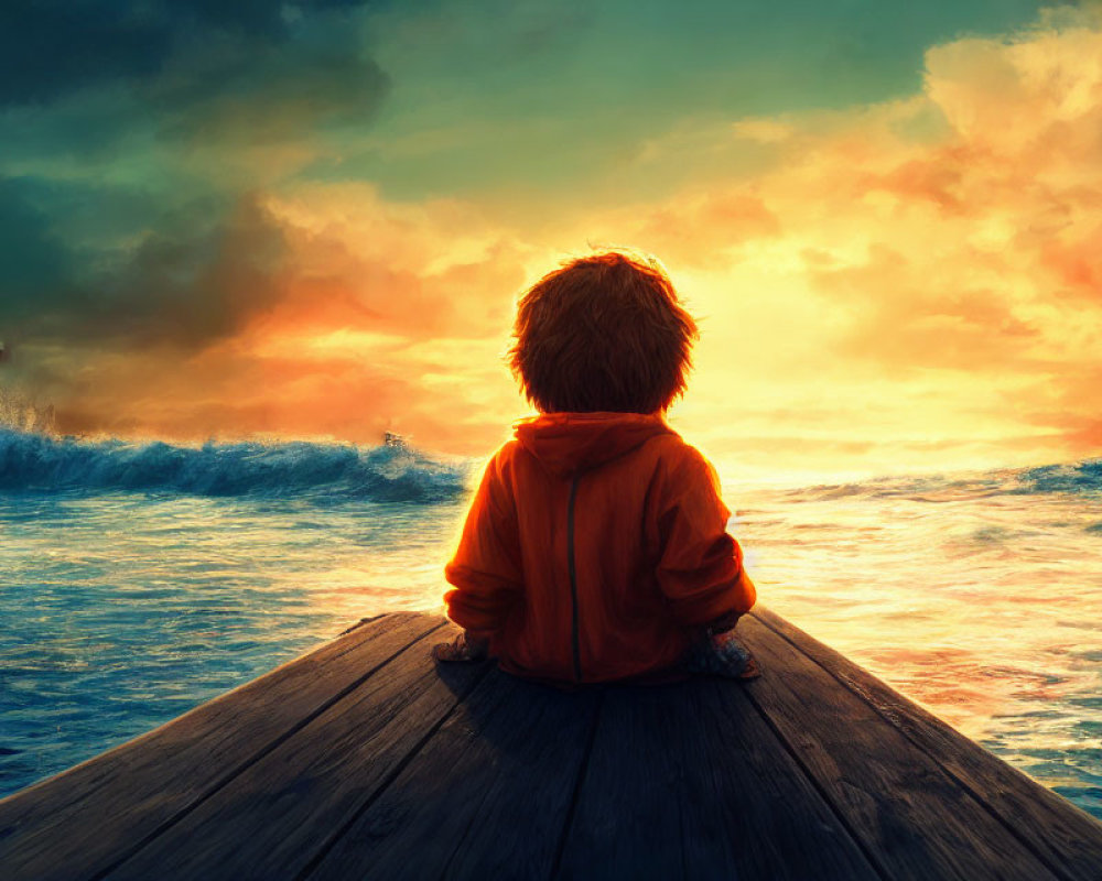 Child in Orange Hoodie Watches Sunset on Wooden Dock