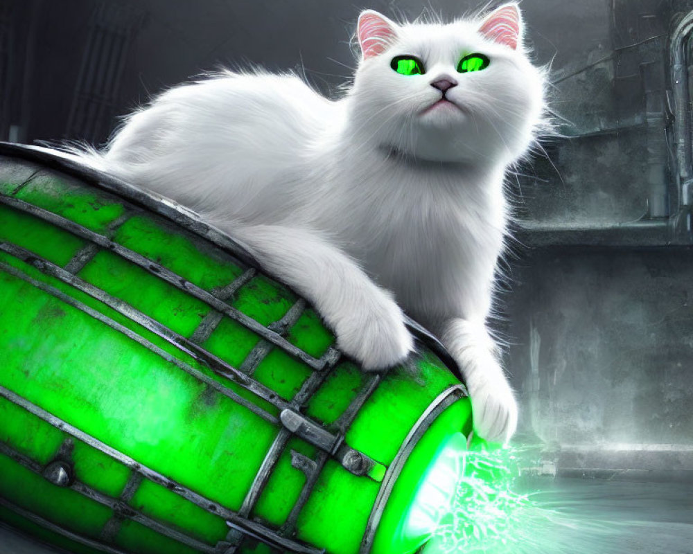 White Cat with Green Eyes on Glowing Barrel in Industrial Setting