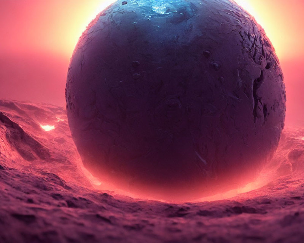 Surreal landscape with blue sphere on rocky surface under pink sky