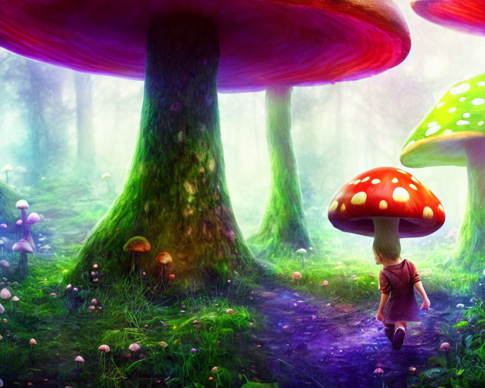 Child Walking Through Mystical Forest with Oversized Mushrooms and Ethereal Haze