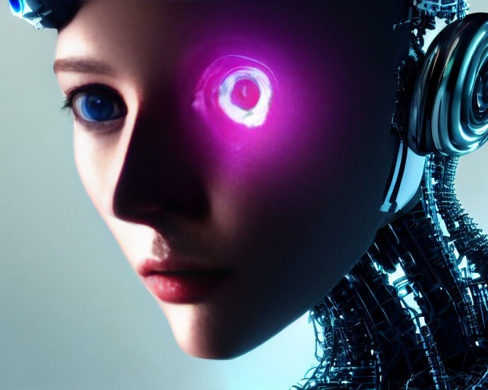 Female half-human, half-robot face with advanced cybernetics and glowing blue eyes.